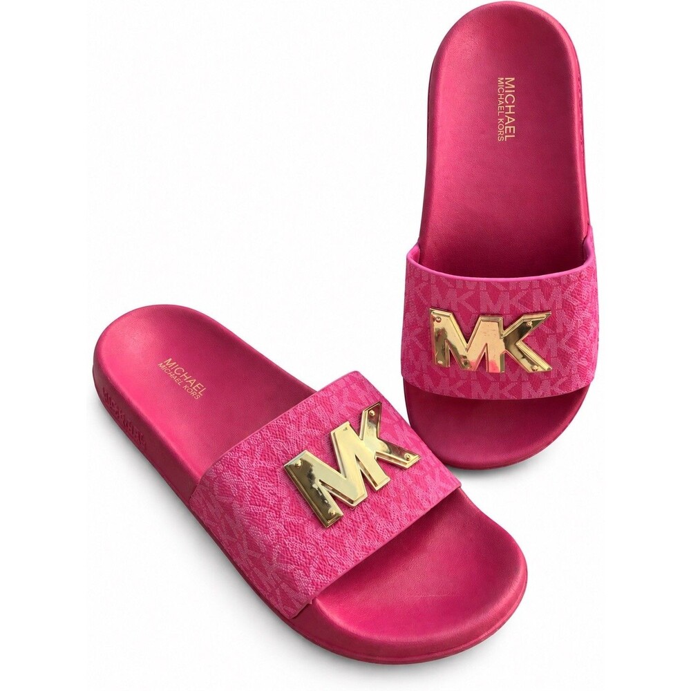 MICHAEL KORS Signature Slip on T Strap Slides Sandal Hot Berry Pink Gold Size 6